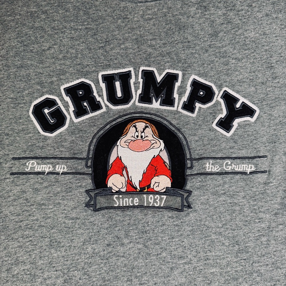 Walt Disney World GRUMPY Adult XL Gray Embroidered T Shirt Batch Work Letters